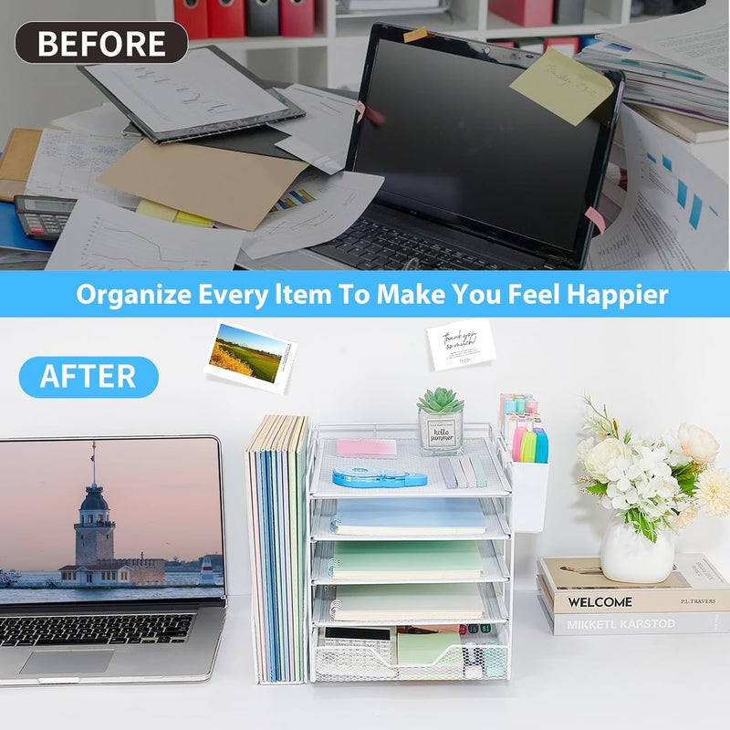 Gugsey Desk Organizer, 5-Tier Paper Letter Tray Organizer with File Holder, Drawer and Pen Holder, Desktop Organizer for Office Supplies, White - Image 4
